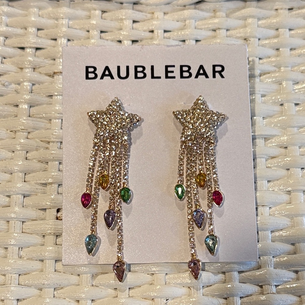 BaubleBar Light Fest Crystal Shooting Star Cascade Earrings Gold Multicolor NWT - Picture 3 of 6